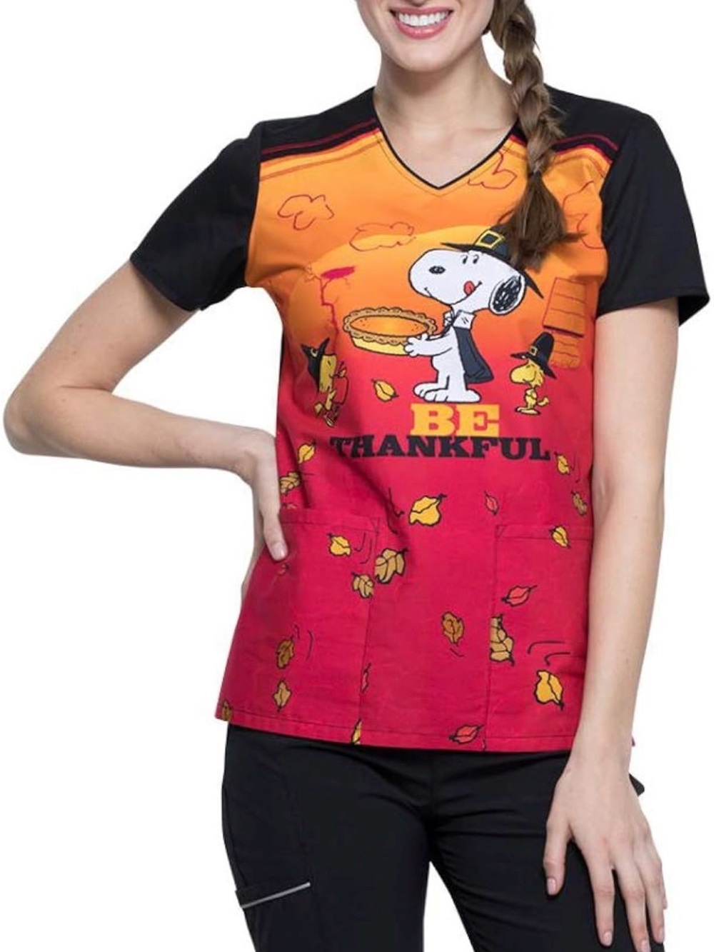 CHEROKEE Tooniforms Snoopy V-Neck Thanksgiving Print Scrub Top - XS